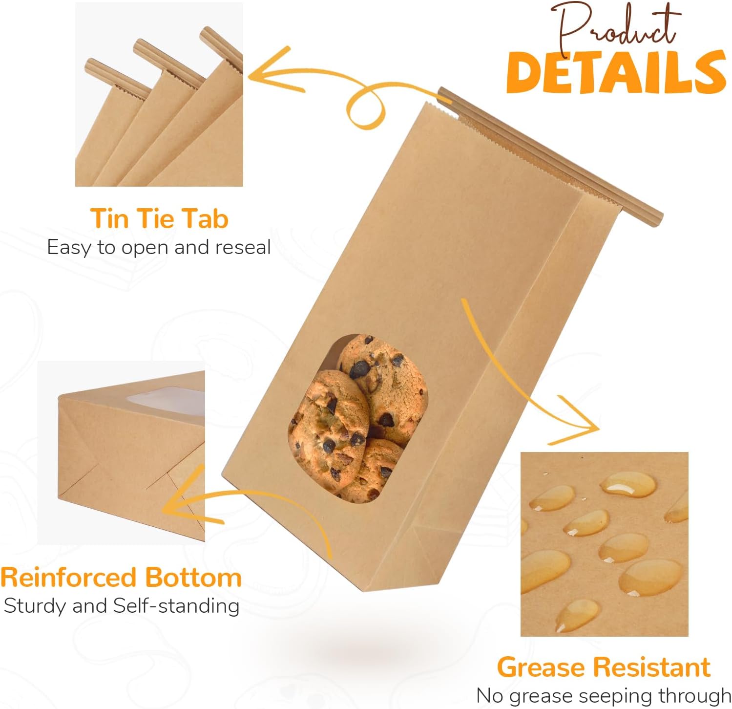 50 Pack Bakery Bags with Window, 3.9 × 2.3 × 8 Inches Tin Tie Tab Paper Cookie Bags Brown Small Gift Bag for Packaging Popcorn, Trail Mix, Treats, Snacks — image 3