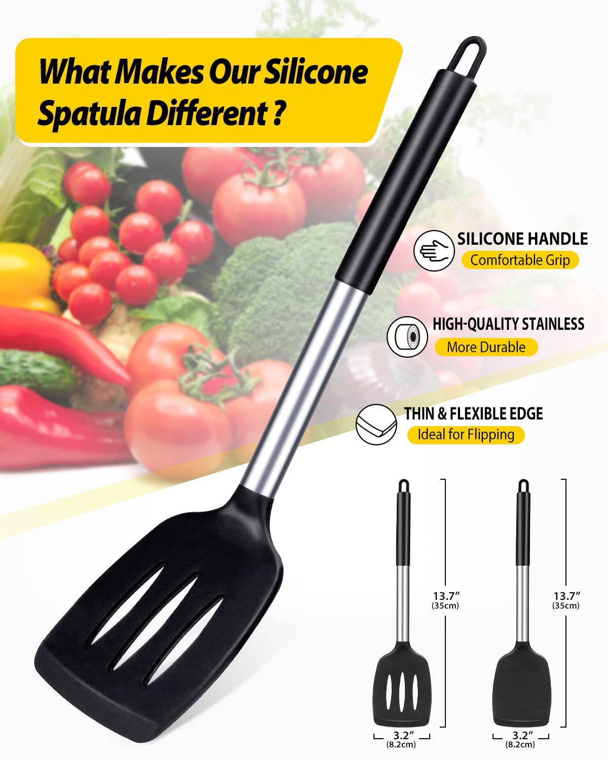 Black 4-Piece Silicone Spatula Set Slotted Turner Solid Turner Stainless Steel Handle Heat Resistant Non-Stick Cookware Kitchen Utensils — image 2