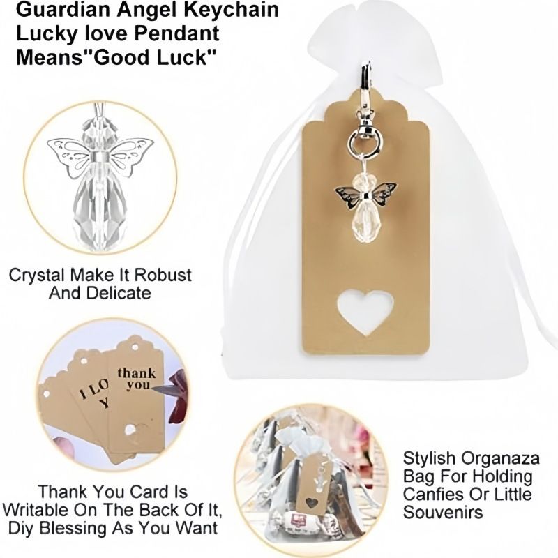30-Piece White Guardian Angel Keychain Favor Set – Crystal Angel Wings Keyrings with Kraft Tags & Organza Bags for Weddings, Christenings and Party Gifts — image 3