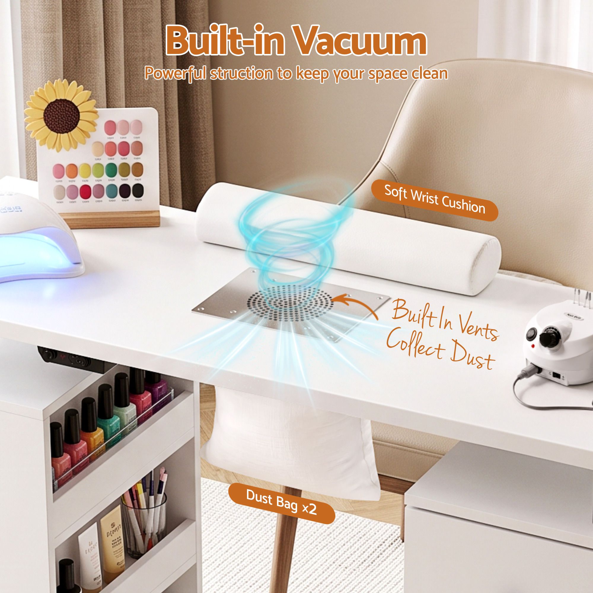 Artiss Manicure Table Nail Desk with Built-in Dust Collector Beauty Salon Station Drawers Shelves Wrist Cushion Wheels White — image 6