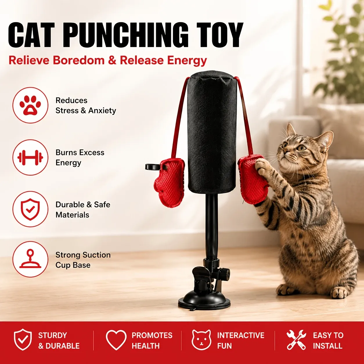 Cat Boxing Toy – Suction Cup Stays Secure, Height Adjustable, Unleash Natural Instincts for Happy Exercise Every Day