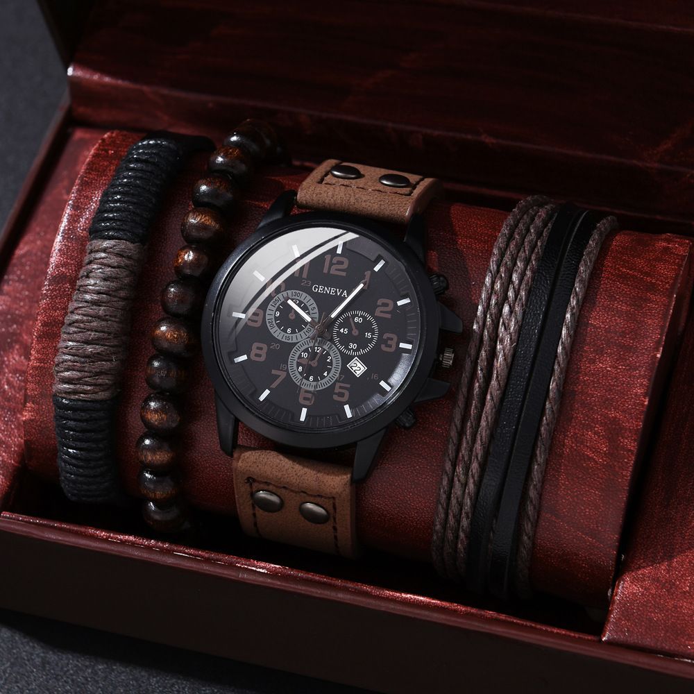 Men'S Bracelet Watch Set Single Calendar Watch Fake Three Eye Watch Canvas - Black - Size 15 โ image 4
