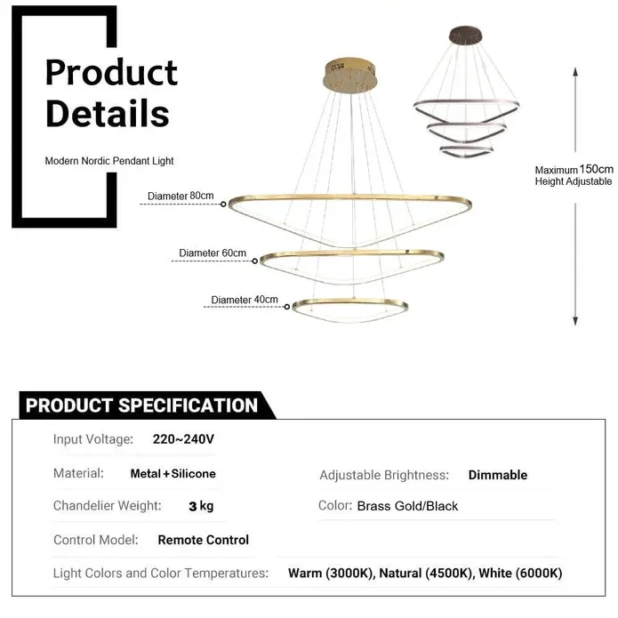 BAMDECOR AD2583 Modern Triangular LED Chandelier (Three Rings-Gold — image 5