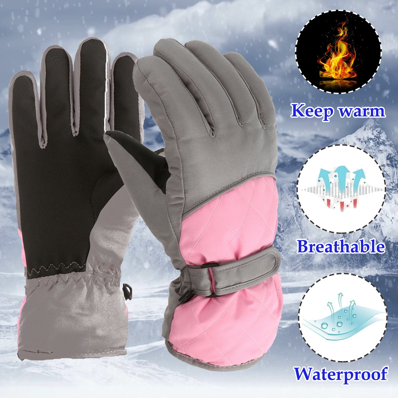 Kids Waterproof Winter Snow Gloves, Thick Stretchy Warm Gloves for Boys and Girls for Outdoor Play in Cold Weather, Pink, 10-16 Years โ image 2