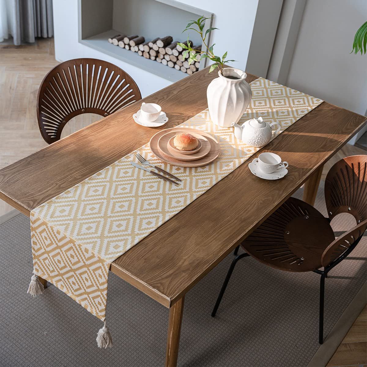 Jacquard Geometric Table Runner with Tassels Thick Knitted Embroidery Textured Table Runner for Kitchen Dining Room Party โ image 4