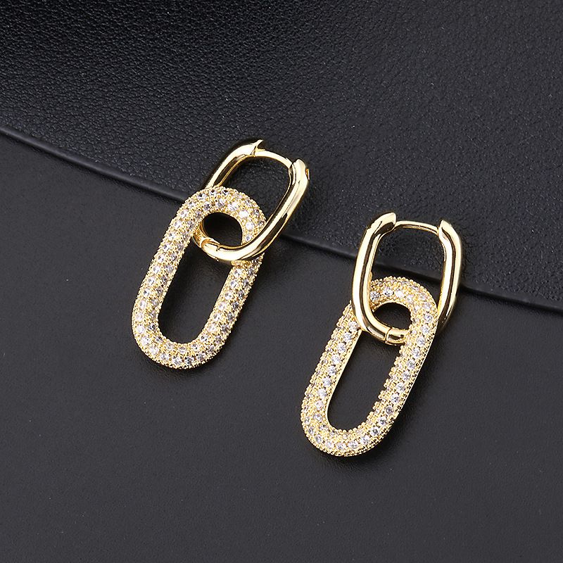 Chain Link Dangle Earrings for Women with Cubic Zirconia Stones – Gold Plated Square Oval Round U Shape — image 3