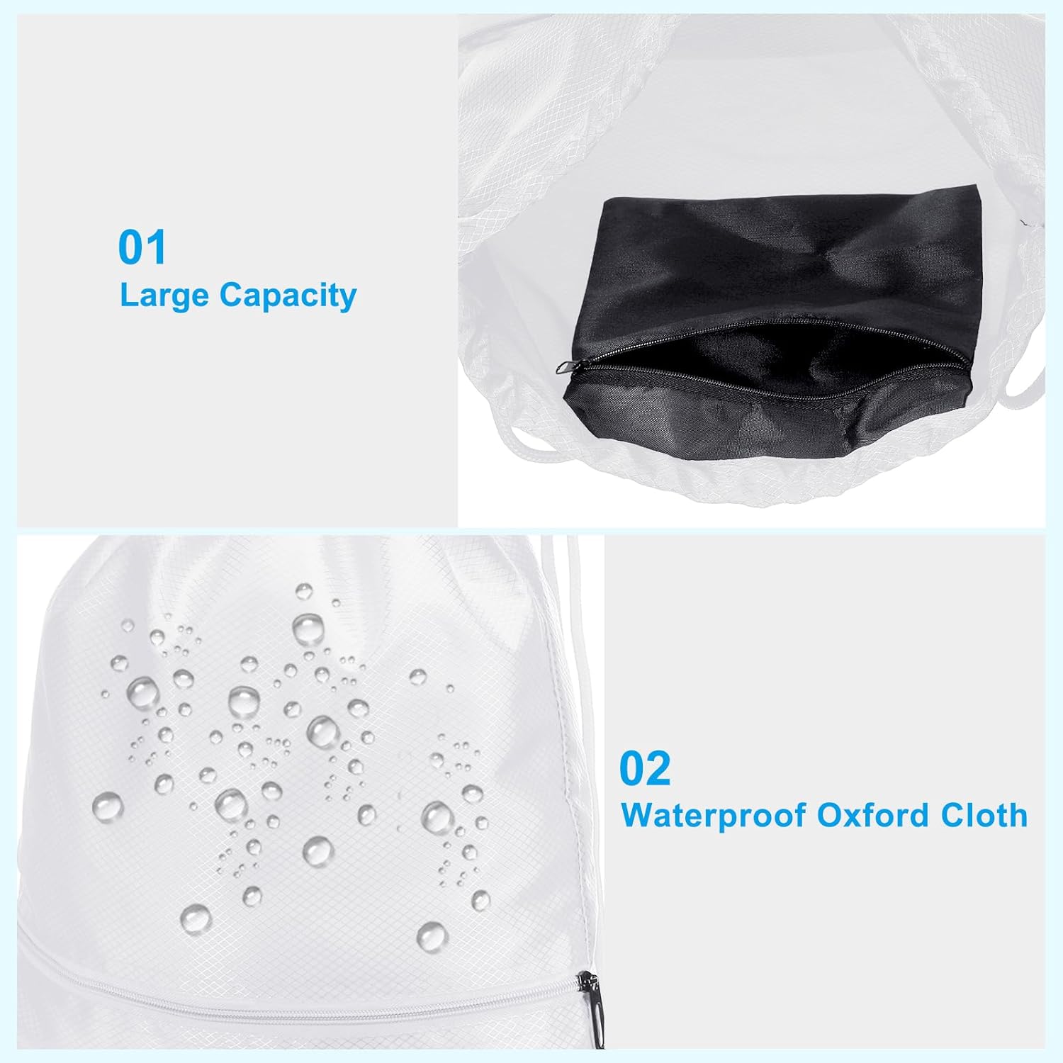 Drawstring Backpack Bag, Gym Bags String with Zip Pocket for Women Men, White — image 3
