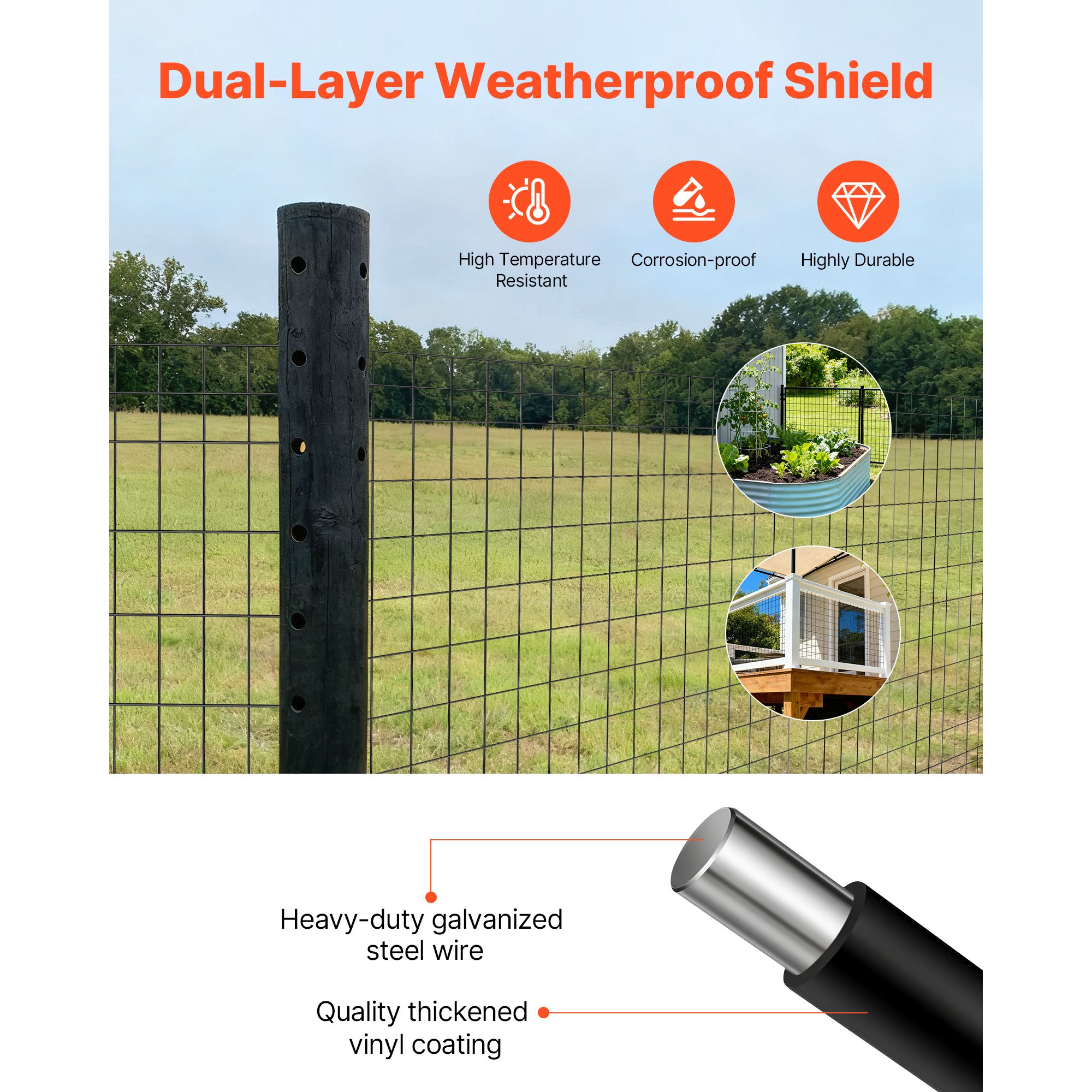 Farm Fence, 122cm x 15.2m, 2 × 4 in Mesh 14 Gauge Galvanized Steel Wire Fencing for Cattle, Hog & Sheep, Heavy Duty Vinyl Coated Livestock Fence for Animal — image 4