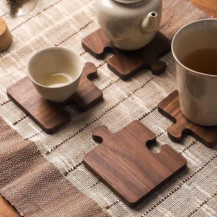 Wood Color Natural Black Walnut Wooden Coasters, Heat-Resistant Tea Cup Pads, Puzzle-Shaped Drink Mats, Eco-Friendly Tea Accessories Set โ image 2