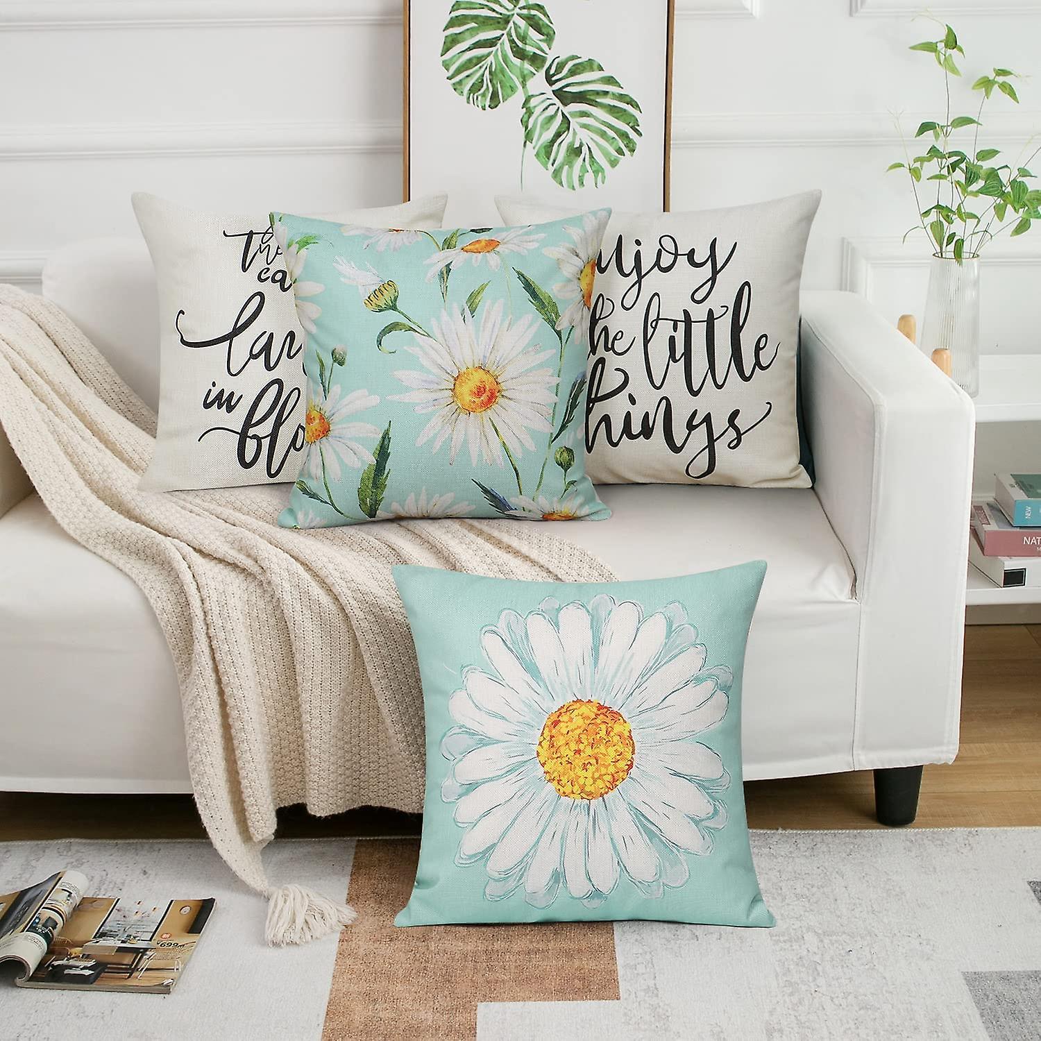 Cushion Cover Set of 4 45 × 45 cm Daisy Cotton Decorative Cushions Compatible with Modern Garden Living Room Bedroom Decor — image 3