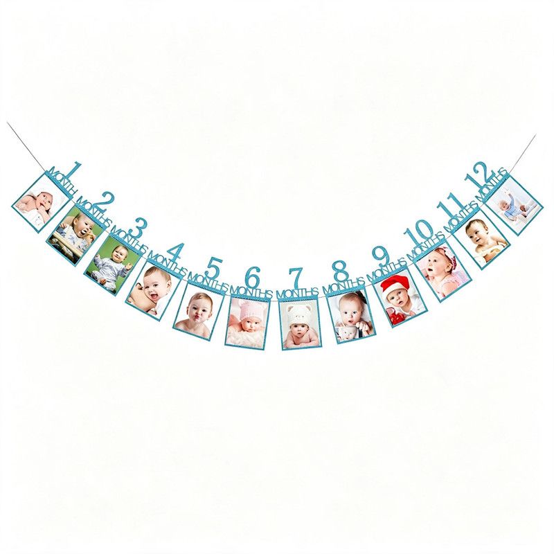 1-12 Month Baby Milestone Photo Garland, First-Year Picture Display Banner, Blue