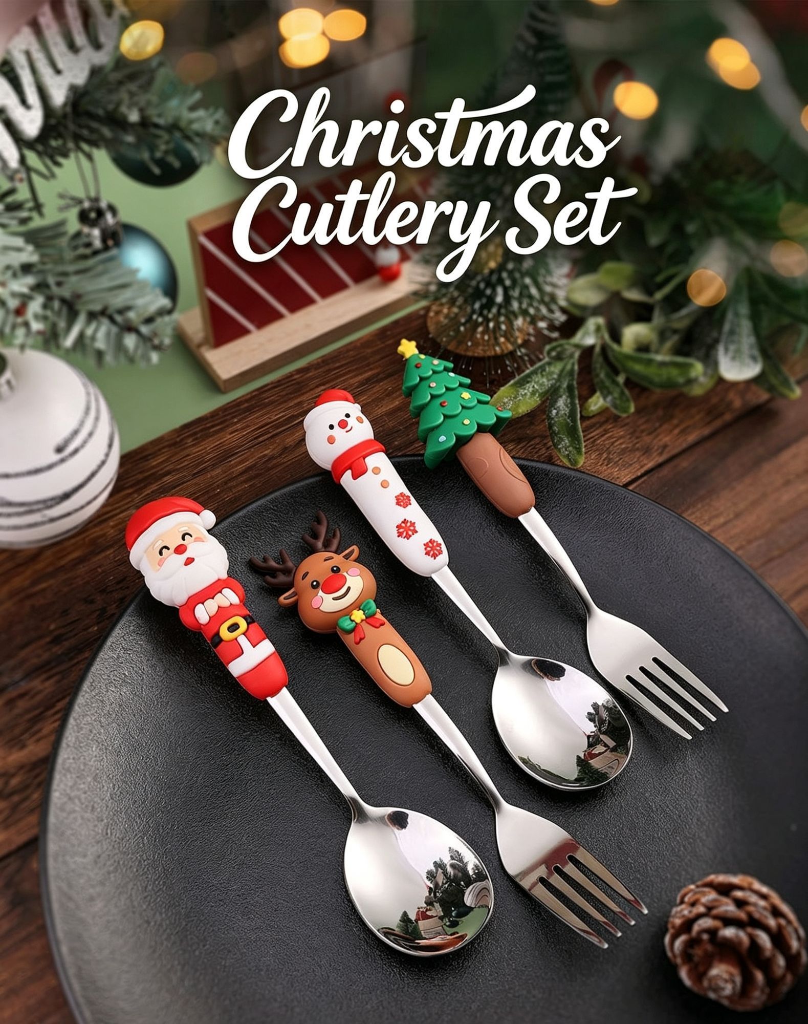 4Pcs Large Silver Xmas Doll Handle Stainless Steel Spoon Only Set Style B, Green Checkered Box Packaging for Christmas Table Ornament and Holiday Gift — image 2