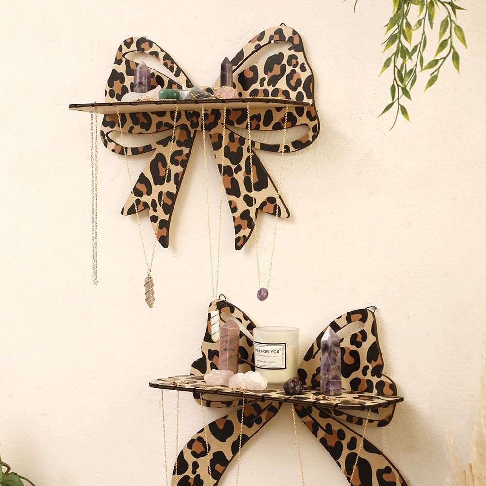 Brown Style A Leopard Print Bow Wall Shelf - Decorative Wooden Floating Storage Rack for Bedroom & Living Room โ image 4