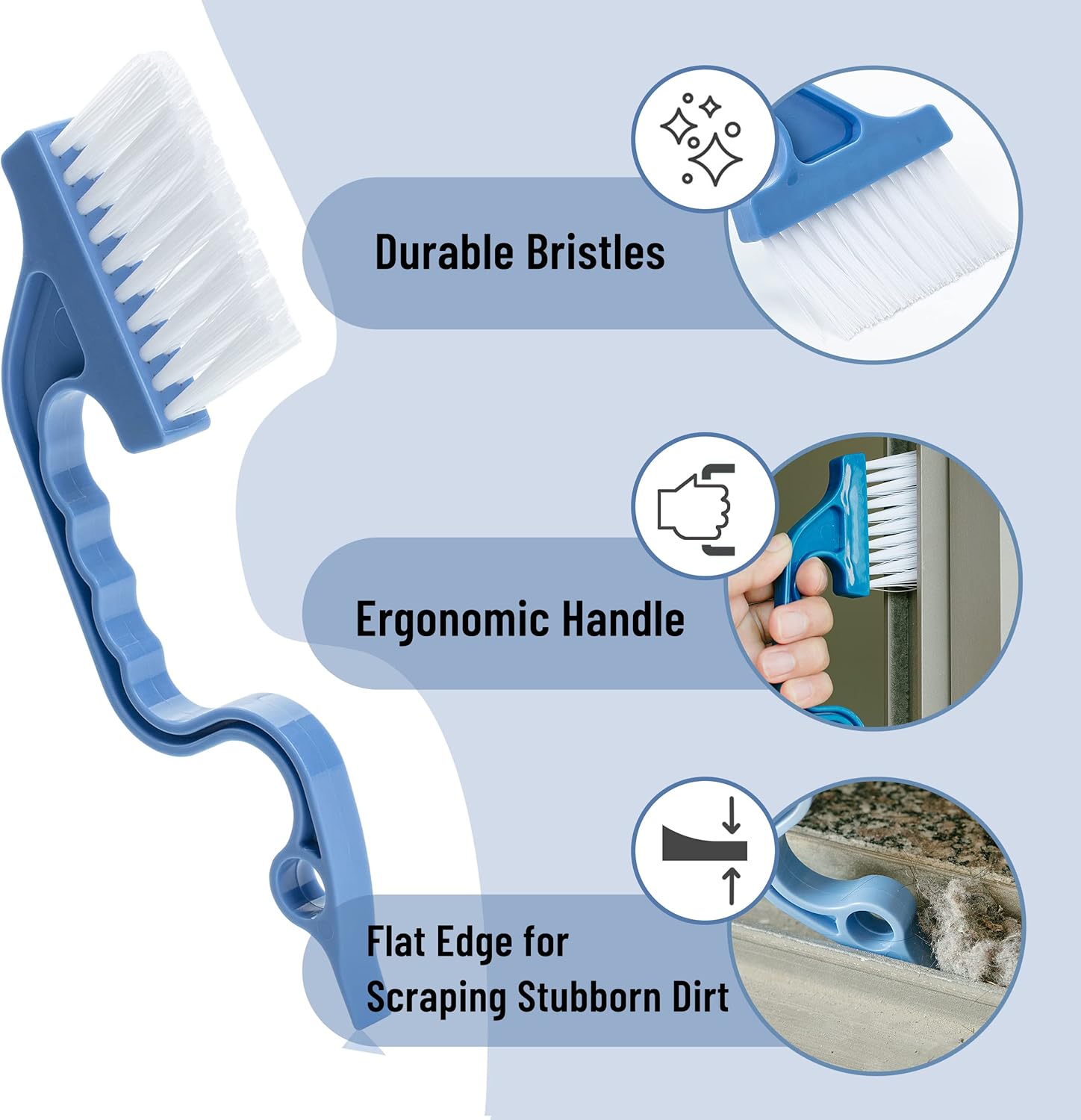 Slick- Window Track Cleaning Brush, 2 Pack, Blue Ergonomic Handle, Built-in Scraper, Multipurpose, Window Track Cleaning Tools — image 3