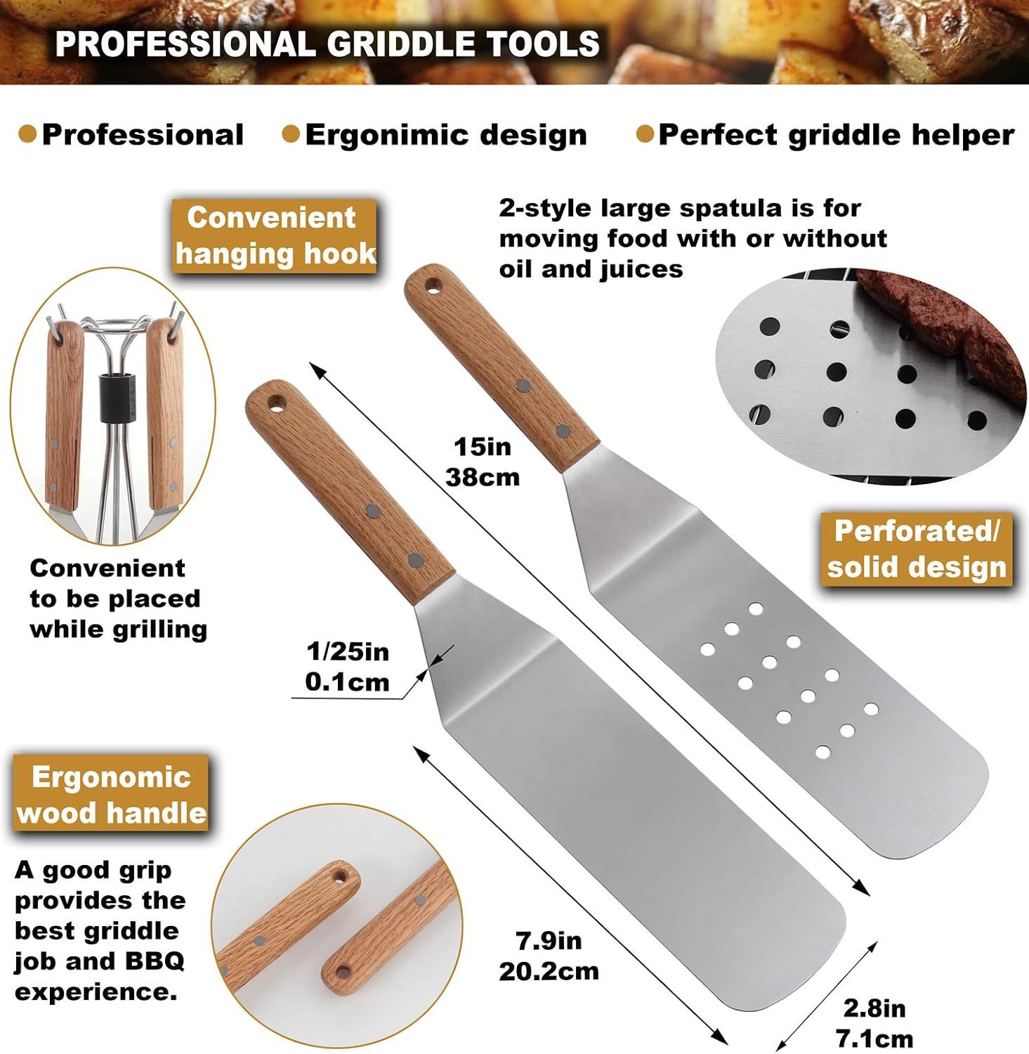 8pcs Professional Griddle Accessories Kit - Heavy Duty Stainless Steel Grill Spatula Set for Grill Griddle Hibachi Flat Top Outdoor Cooking - Great Grill Gift — image 2