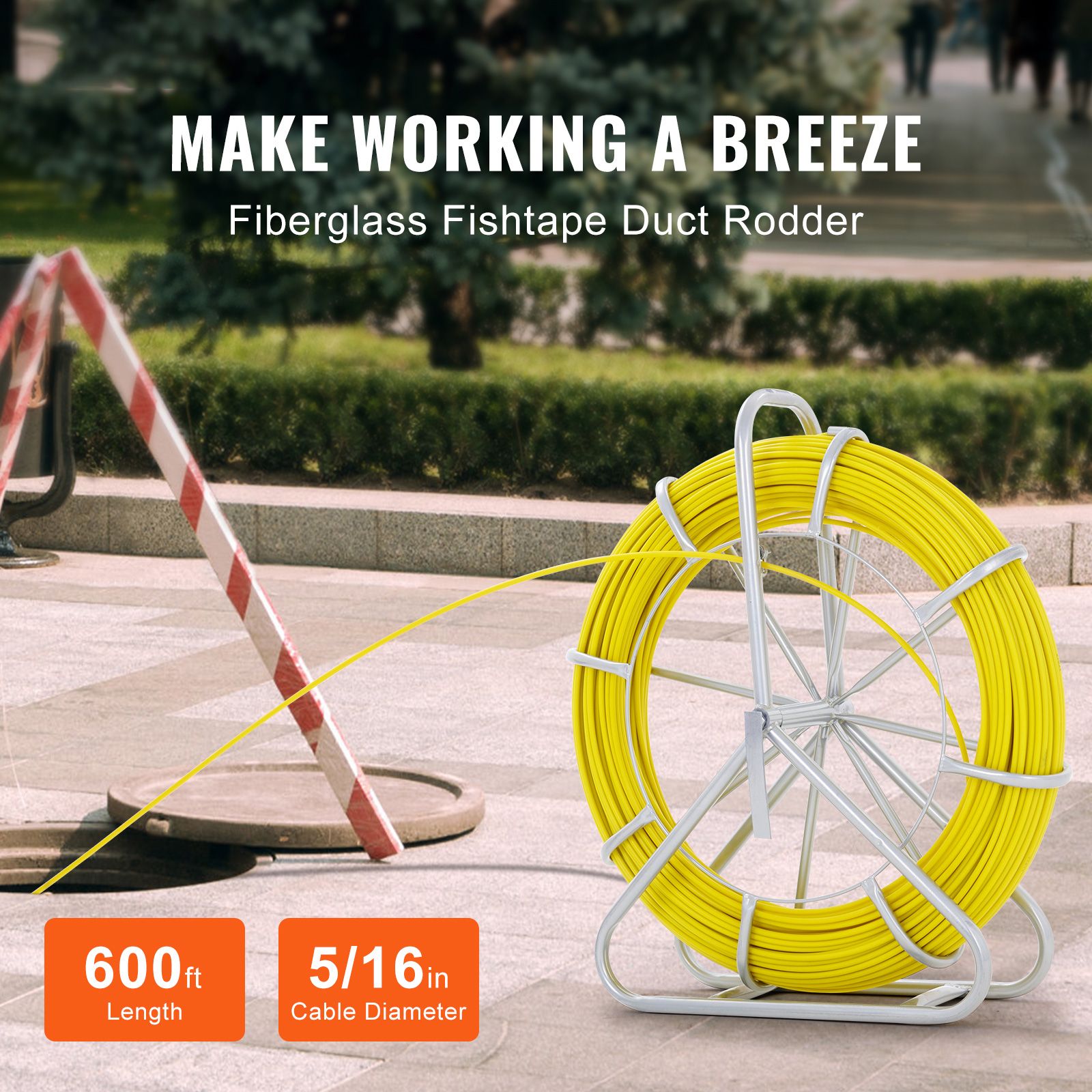 Fish Tape Fiberglass, 182.88 m, 7.9 mm, Duct Rodder Fishtape Wire Puller, Cable Running Rod with Steel Reel Stand, 3 Pulling Heads, Fishing Tools for Walls and — image 2