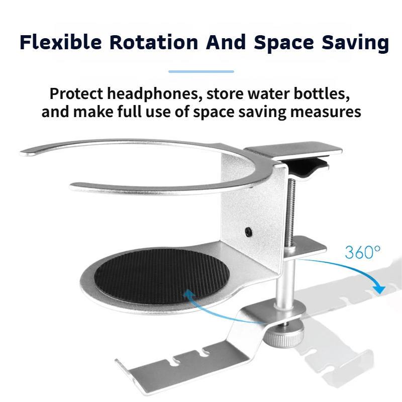 2-in-1 Under-Desk Metal Headphone Hanger & Anti-Spill Cup Holder - No-Drill Heavy-Duty Desk Adjustable Clamp and 360° Swivel Hook — image 2