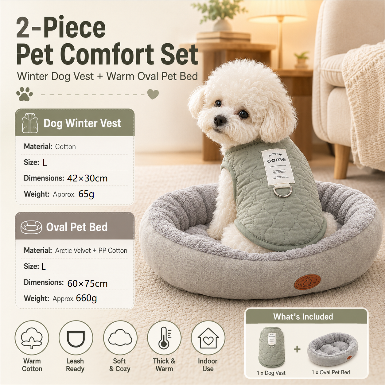 Winter Pet Care Bundle - L Size 42 × 30cm Green Quilted Dog Vest with Leash Ring and L Size 60 × 75cm Grey Oval Arctic Fleece Bed - Warm Cotton Outerwear
