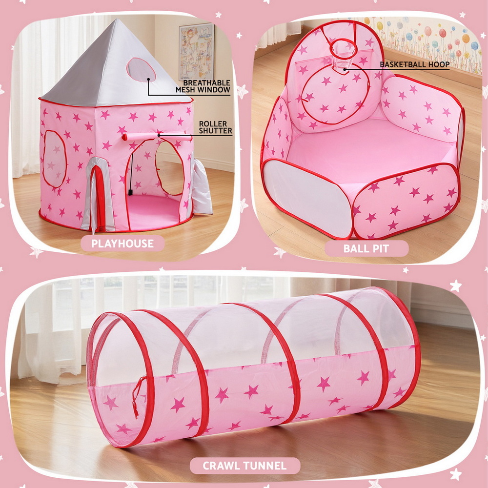 Keezi Kids Playhouse Play Tent Pop Up Castle Crawl Tunnel Basketball Hoop Pink โ image 5
