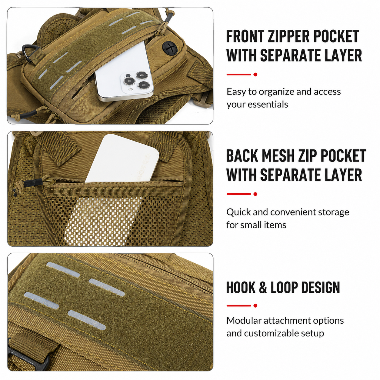 Black Camouflage Tactical Chest Rig Bag with Multi Zipper Pockets - Waterproof Nylon Utility Vest Pack, Breathable Back Pad and Adjustable Straps โ image 3