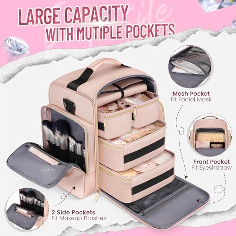 Pink 4-in-1 Travel Cosmetic Organizer Bag with Detachable Polyester Storage Boxes and Jewelry Roll, Multiple Compartments, Portable Makeup Bag โ image 3