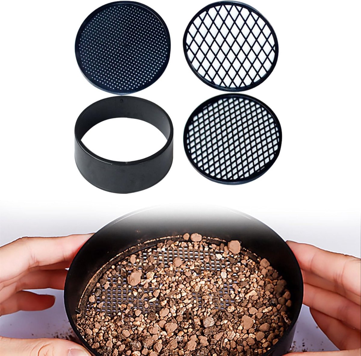 Adjustable plastic garden sieve - 4 in 1 - 12 cm - Compost sieve - Sand sieve - Round - Black - for domestic plants โ image 2