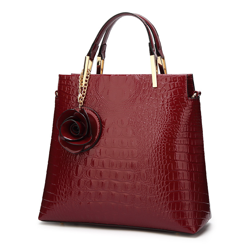 Wine Red Patent PU Leather Crocodile Embossed Shell Bag(30 × 11 × 26 CM) with Floral Pendant