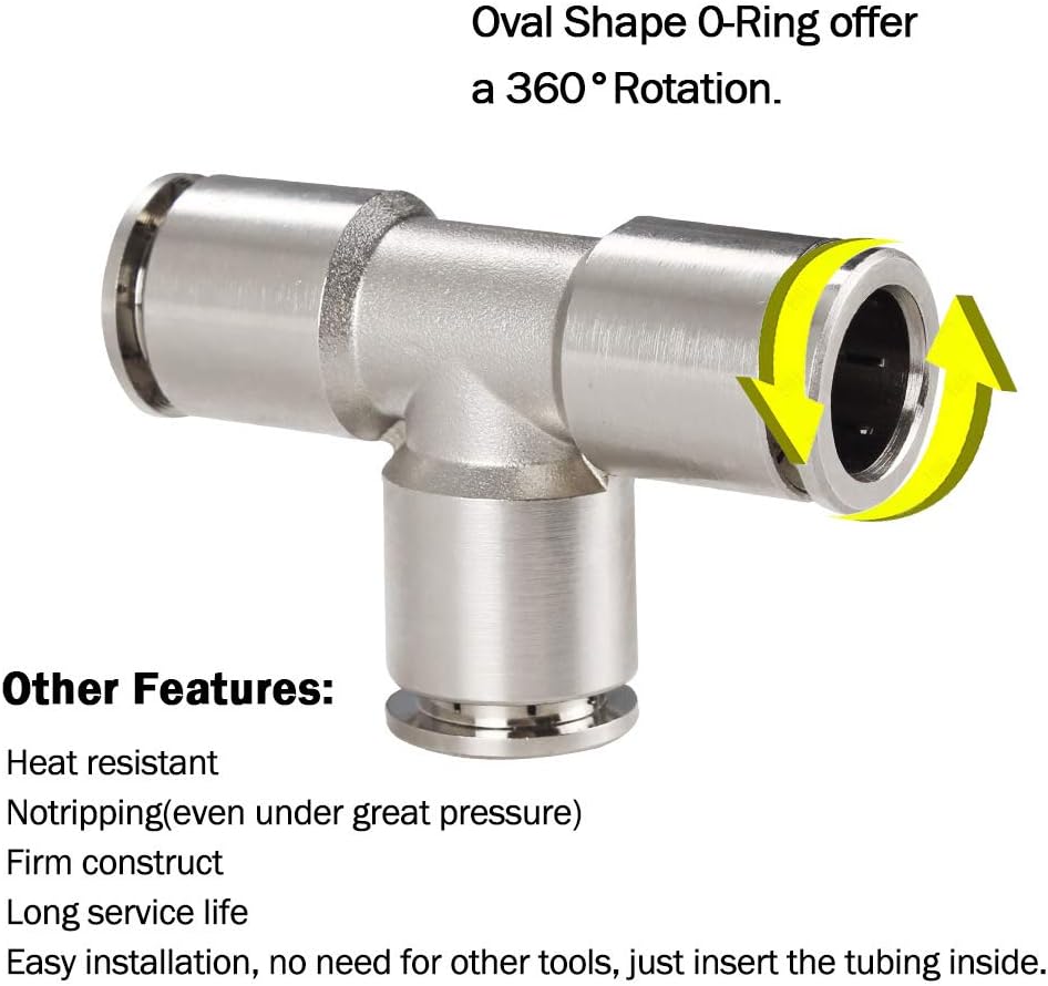 Push to Connect Tube Fitting Union Tee, Copper Nickle-Plated 1/4" Tube OD 3 Way Tee Shaped Union Adapter Fitting (Pack of 2) — image 4
