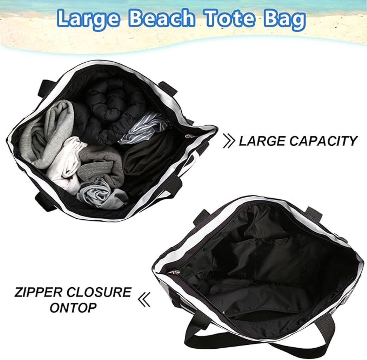 Beach Tote Bag With Zipper, Large Capacity Polyester 8 Pocket Foldable Carryall For Women Travel Pool Gym, Black White Stripe, 43 x 38 x 15 cm โ image 3
