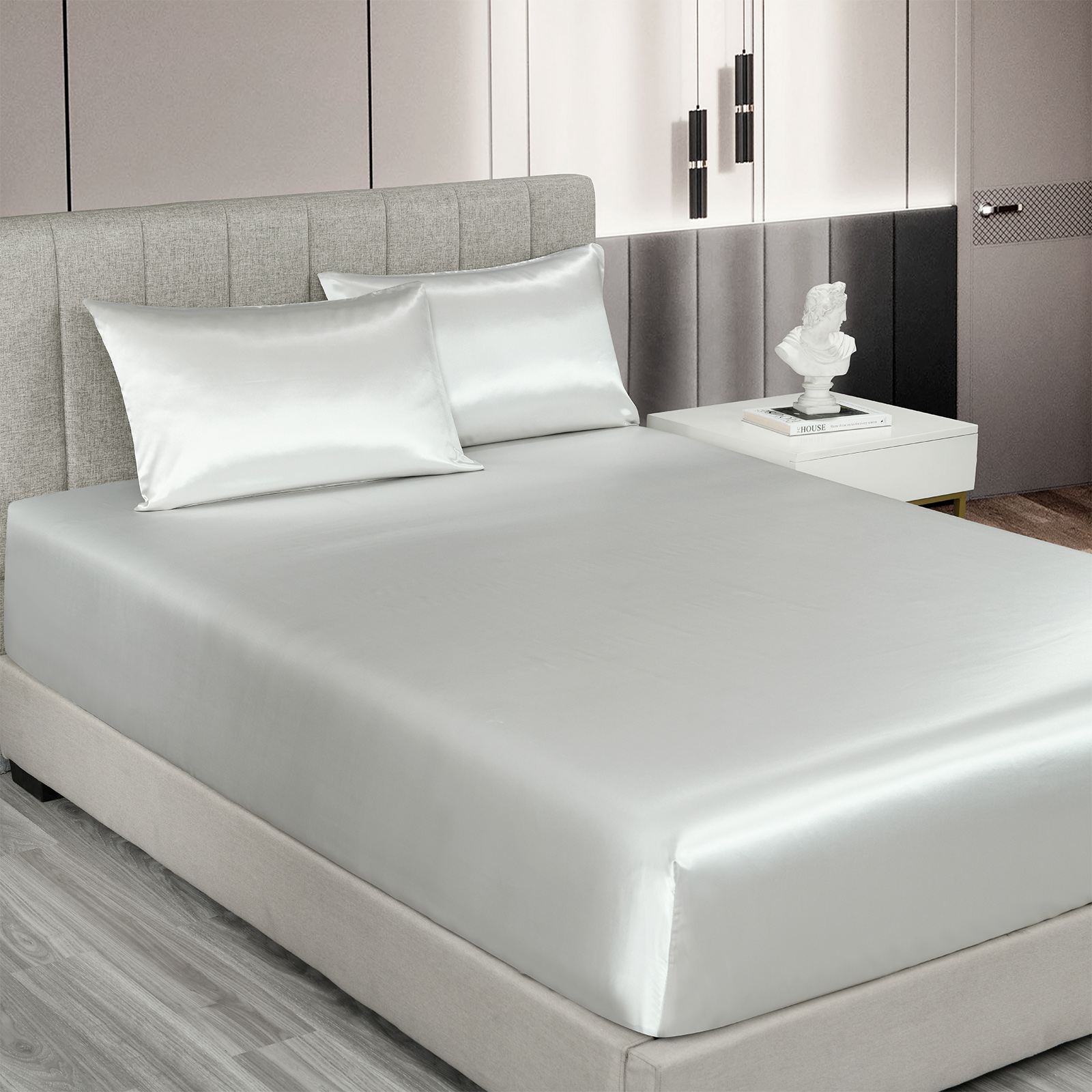 Royal Comfort Satin Sheet Set 3 Piece Fitted Sheet Pillowcase Soft - King - Silver — image 3