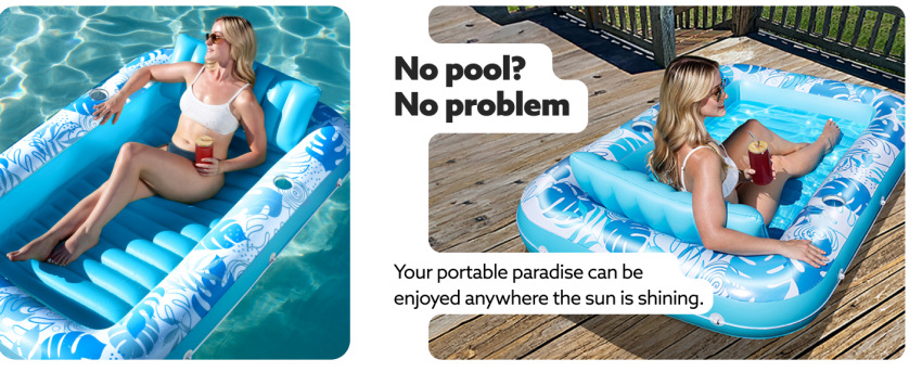 Green Deluxe Inflatable Suntan Tub & Floating Pool Lounger with Dual Integrated Cup Holders and Pillow - Portable Sunbathing Pool for Lawn & Water — image 3