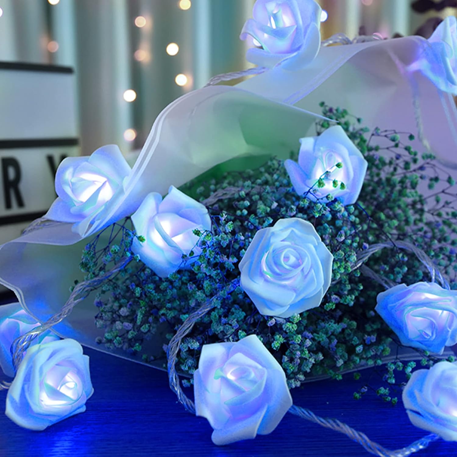 1 Piece Blue Rose LED Fairy Lights for Bedrooms, Weddings and Party Decor, Decorative Flower String Lighting for Indoor Ambience — image 4