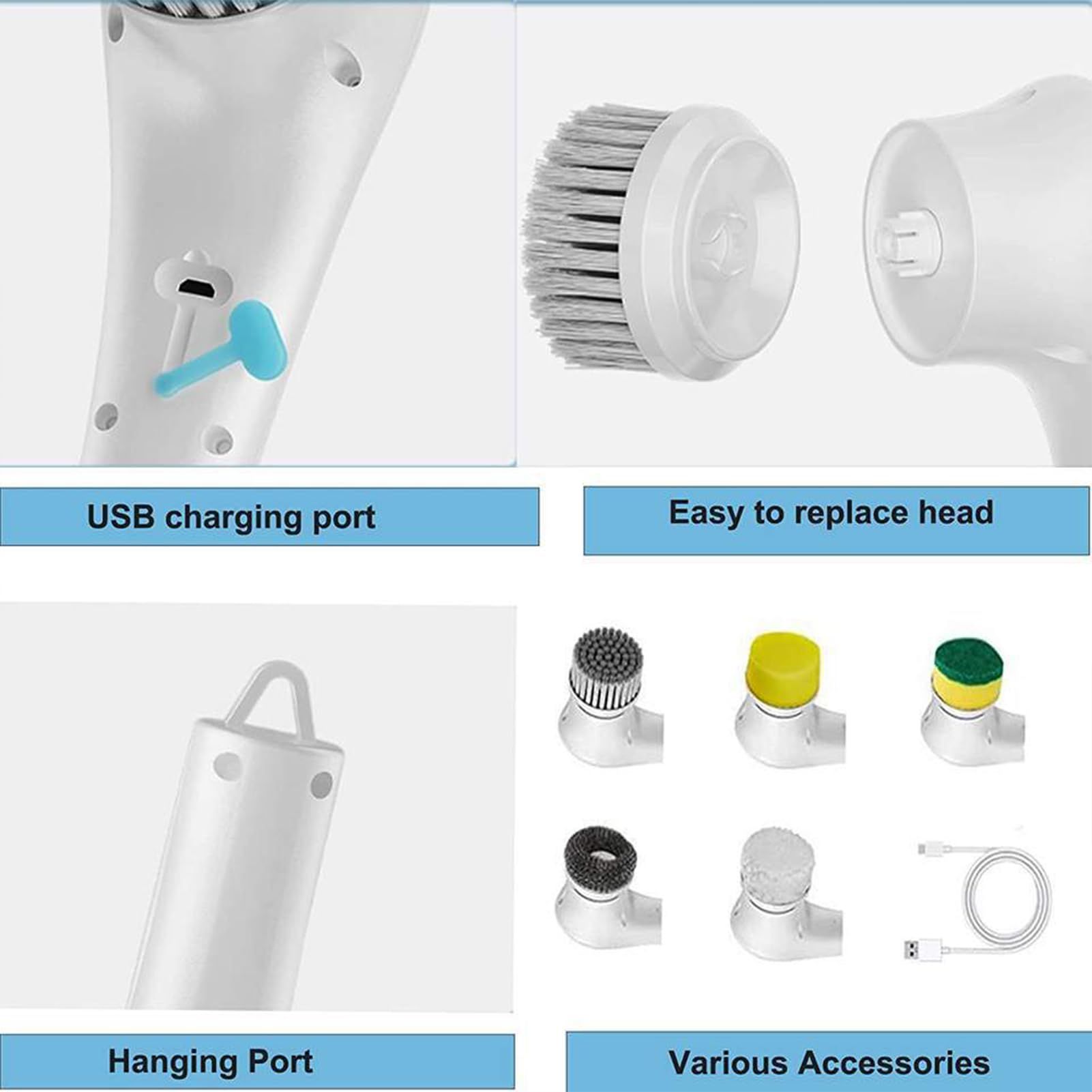 Electric Spin Scrubber, Handheld Cordless Rechargeable Electric Cleaning Brush with 5 Replaceable Heads,Power Cleaning Brush for Kitchen, Dish, Floor — image 5
