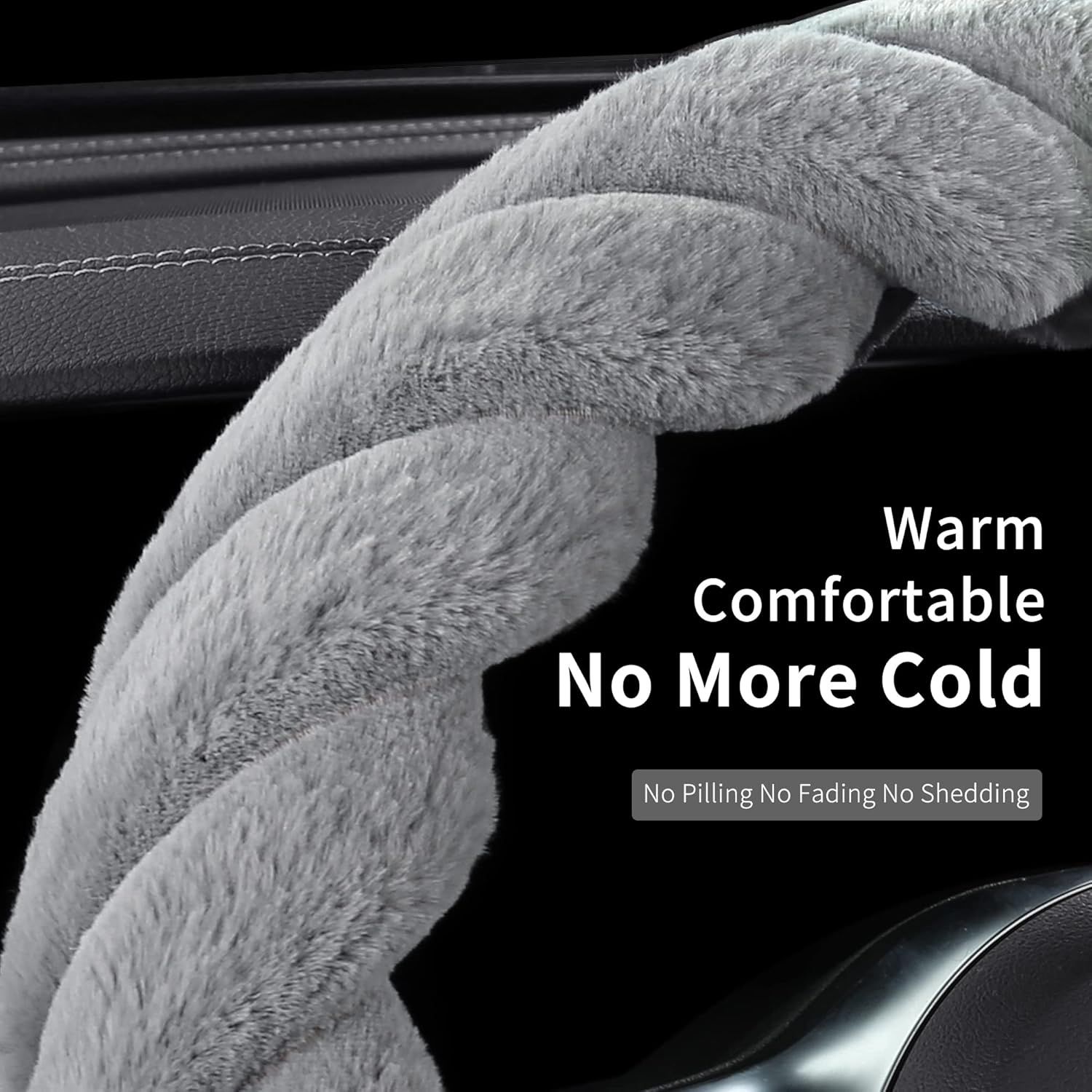 Luxury Fluffy Winter Car Steering Wheel Cover for Women Soft Warm Plush Cute Auto Accessories for Vehicle, Sedan, Universal, Fuzzy, Anti Slip, Gray, Standard — image 4