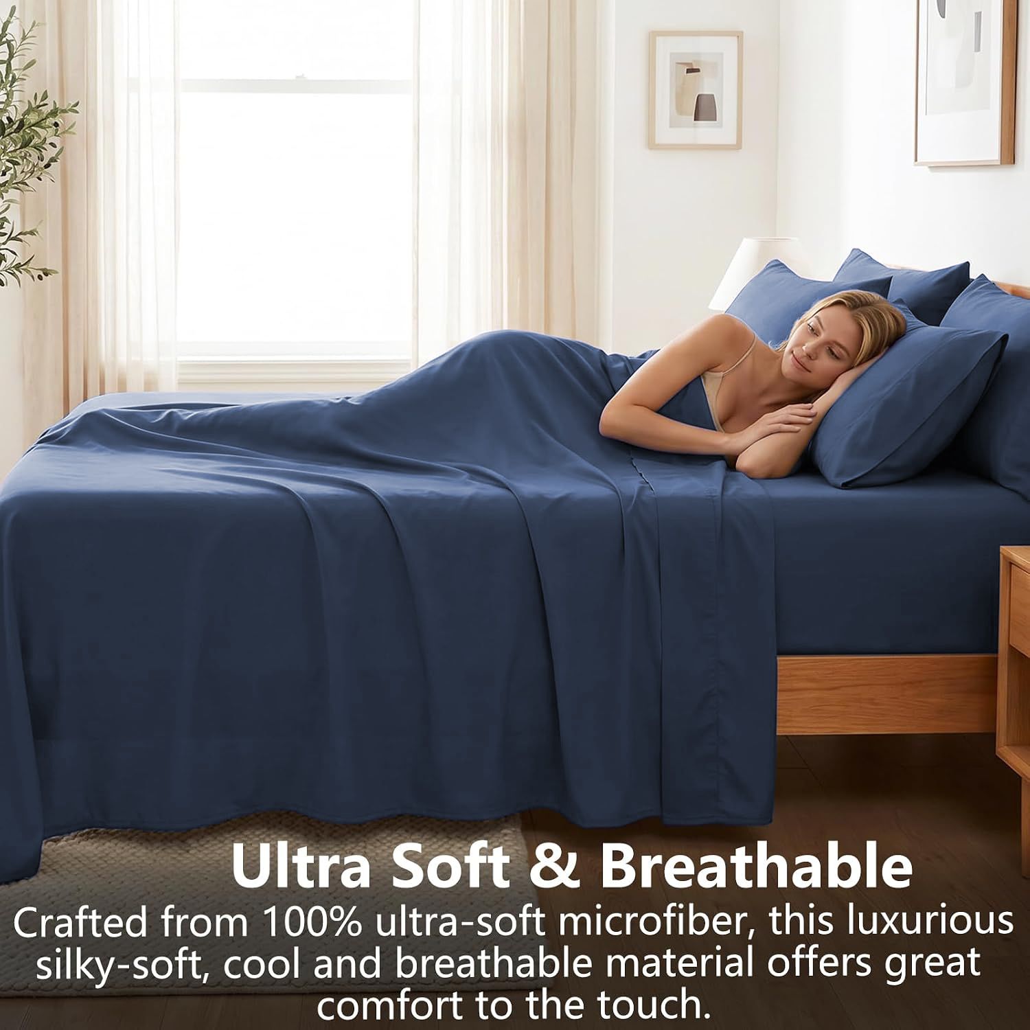 Hotel Soft Bed Sheet Set- Bedding Sheets & Pillowcases -Breathable Bedding - Wrinkle, Fade, Stain Resistant-Deep Pocket Flat Fitted Bed Sheet Set(Navy,King — image 4