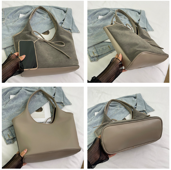 Black Chic Retro Suede-Finish PU Leather Tote Bag - Large Capacity Shoulder Bag with Tie Accent — image 3