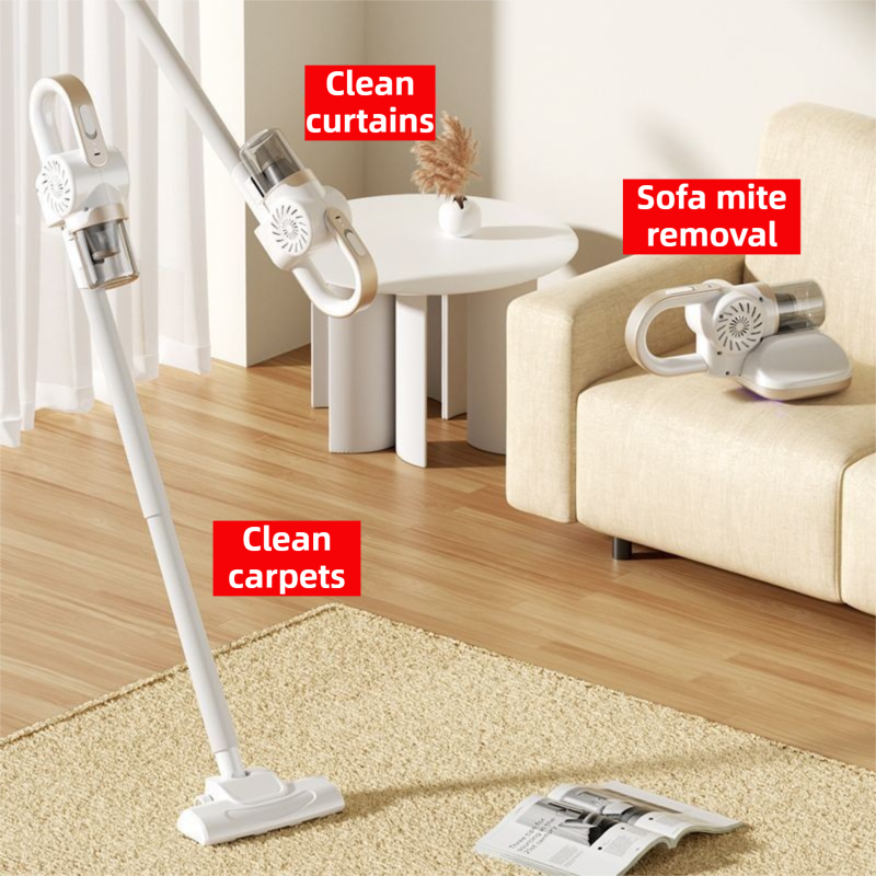 White 3-Head Cordless Handheld UV Mite Remover Set with Floor & Mite Head - 11KPA Powerful Suction & 8000 Times/Min High-Frequency Vibration for β image 2
