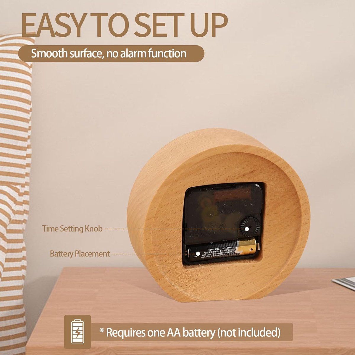 4.7-Inch Round Wooden Analog Desk Clock, Silent Non-Ticking Battery-Operated Table Clock — image 4