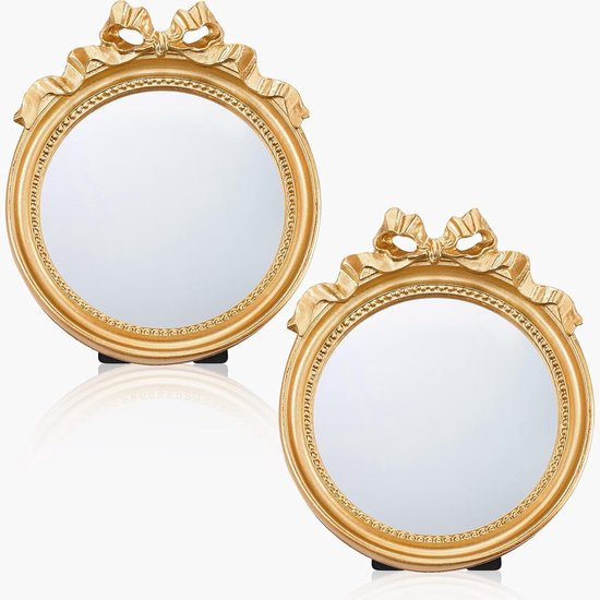 2 pcs small vintage wall mirror - round gold wall mirror - hanging mirror - portable mirror with handle - dressing table mirror - makeup tools for