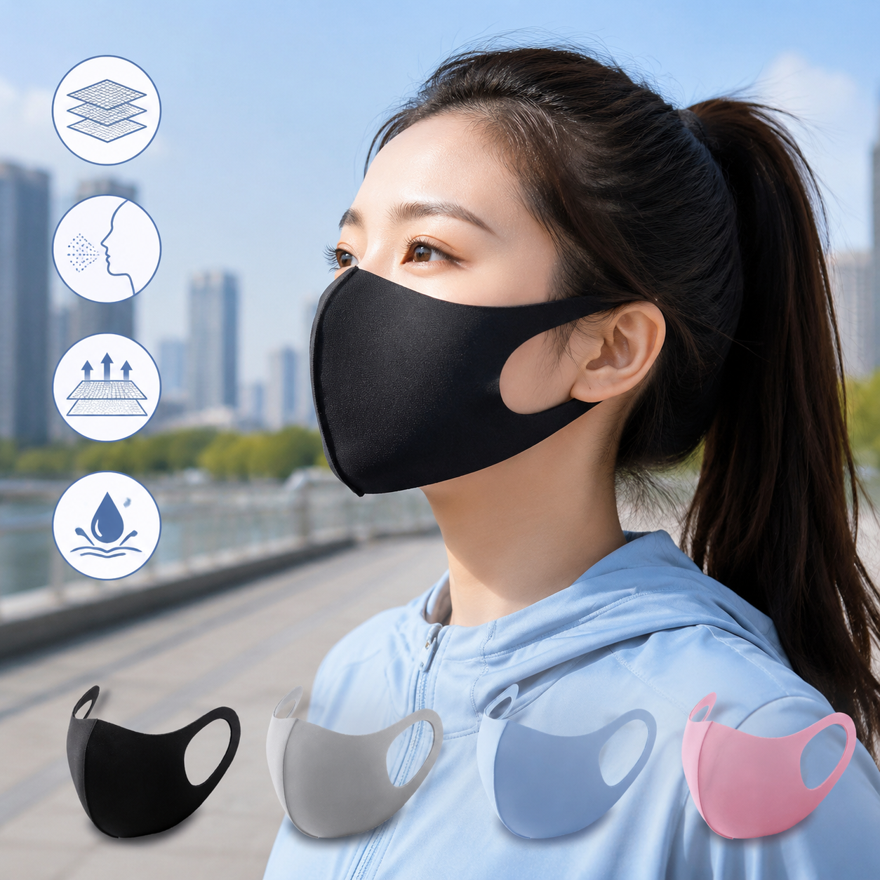 Summer Reusable Ice Silk Cooling Face Mask - Breathable 3D Mesh Design with Lip Space, Dust & Haze Protective in Black 6 Pack โ image 4
