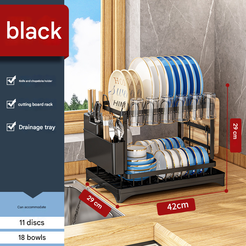 Black Foldable Dish Rack with Drain Tray, Knife & Chopstick Holder, Cup Rack, and Cutting Board Support โ 42cm x 29cm x 29cm, Easy-Install Kitchen Storage