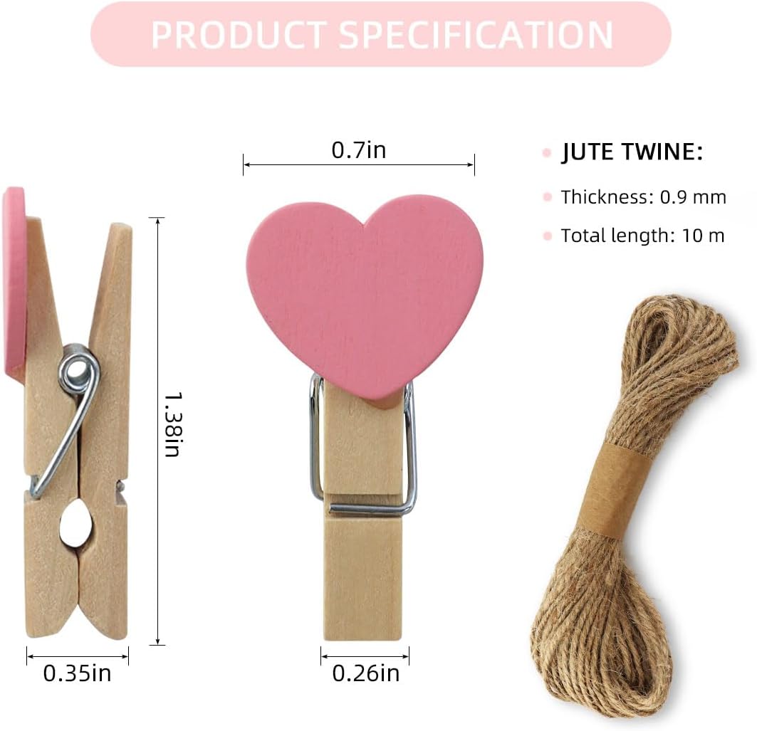 80 Pieces Wooden Heart Clothespins Mini Photo Clips Colorful Small Clothes Pins for Crafts Picture Paper Hanging Natural with Jute Twine Wedding Party Photos — image 2