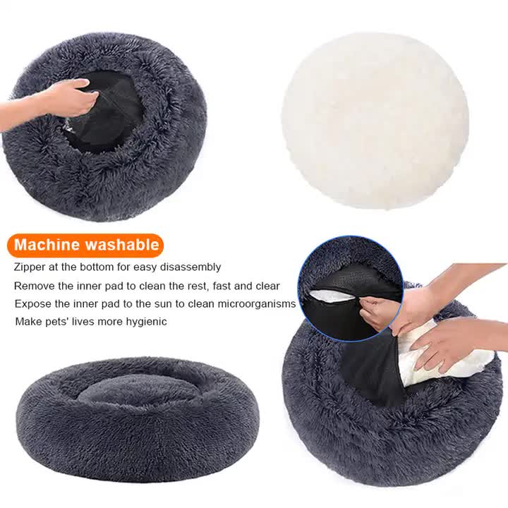 Calming Donut Pet Bed -Soft Faux Fur, Anti-Anxiety Fluffy Round Bed for Cats and Small Dogs (Light Brown)50cm โ image 3