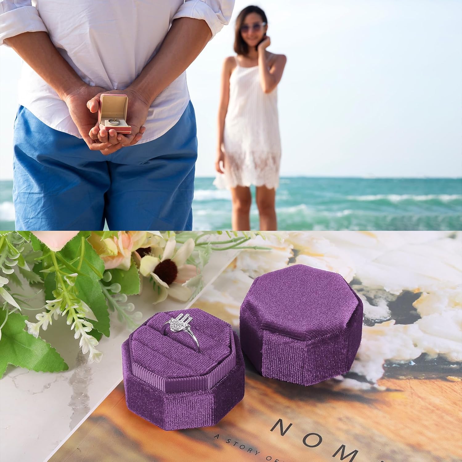 Velvet Ring Box, 3 Slot Octagon Wedding Ring Display Holder Box Jewelry Ring Gift Box for Wedding Ceremony Proposal Engagement (Deep Purple) — image 5