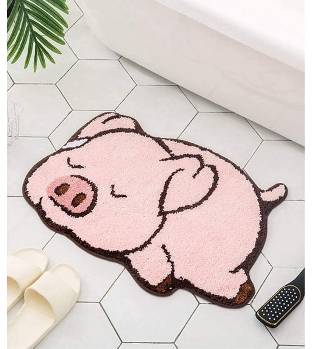 17.7 × 25.6in Thick and soft pink bath mat with pig motif - bathroom showroom - non-slip bath mat - home decoration - (sleeping pig)
