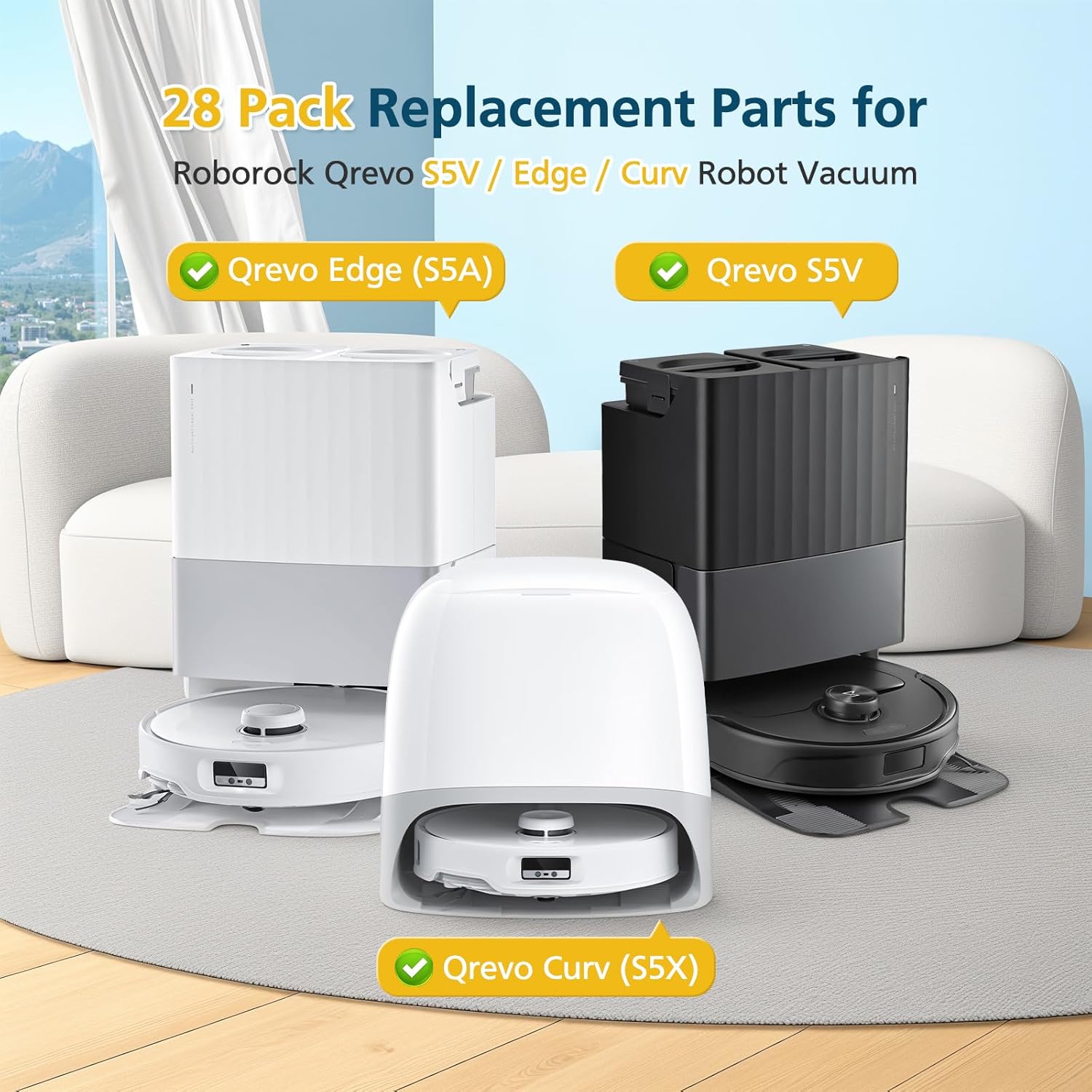 Qrevo S5V Replacement Parts for Roborock Qrevo S5V / Curv/Edge/Edge S5A / Curv S5X, Accessories include 2*Set Main Brush, 6*Mop Pads, 6*Vacuum Bags, 4*Hepa โ image 2