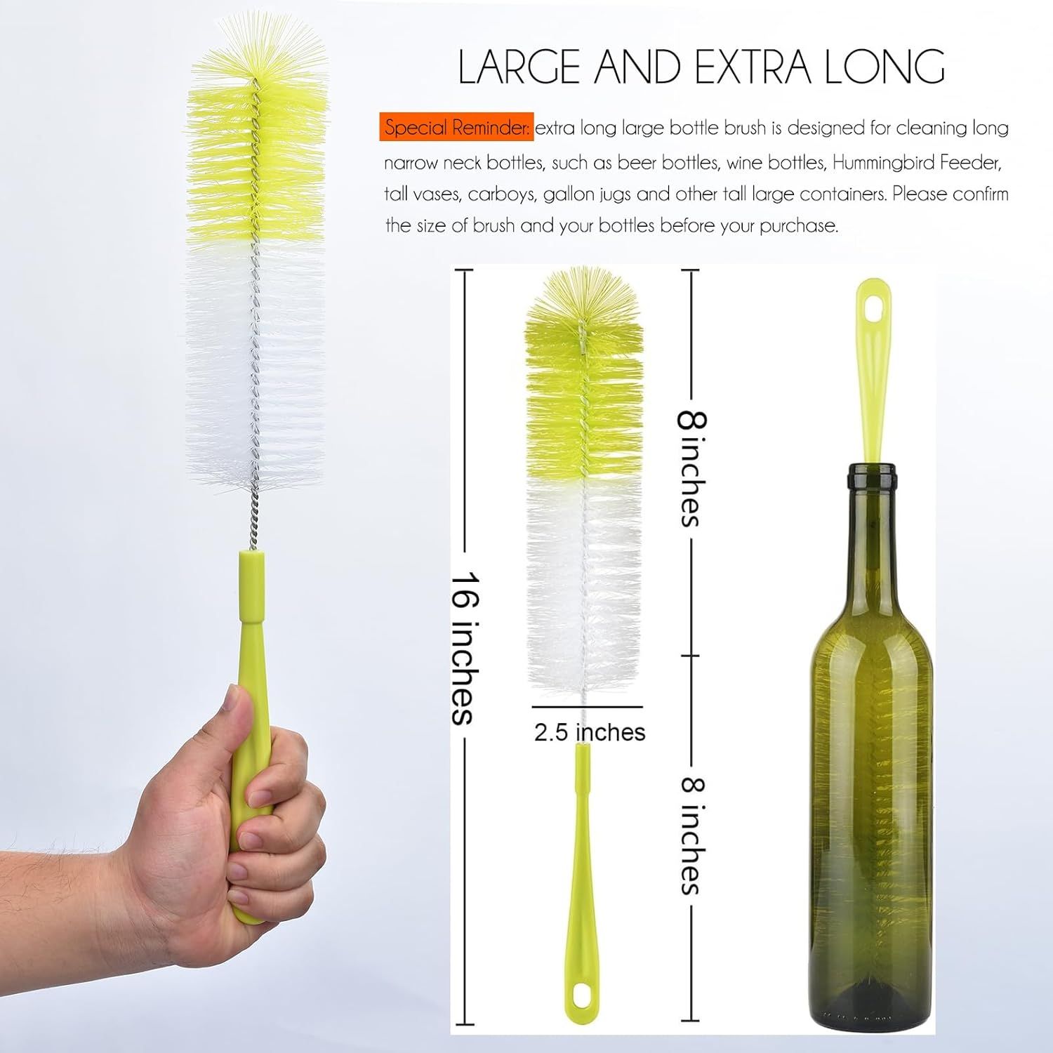 16 inch Long Bottle Brush Cleaner for Washing Wine/Beer/Sport Well/Thermos/Glass, Hummingbird Feeder and Long Narrow Neck Sport Bottles — image 2