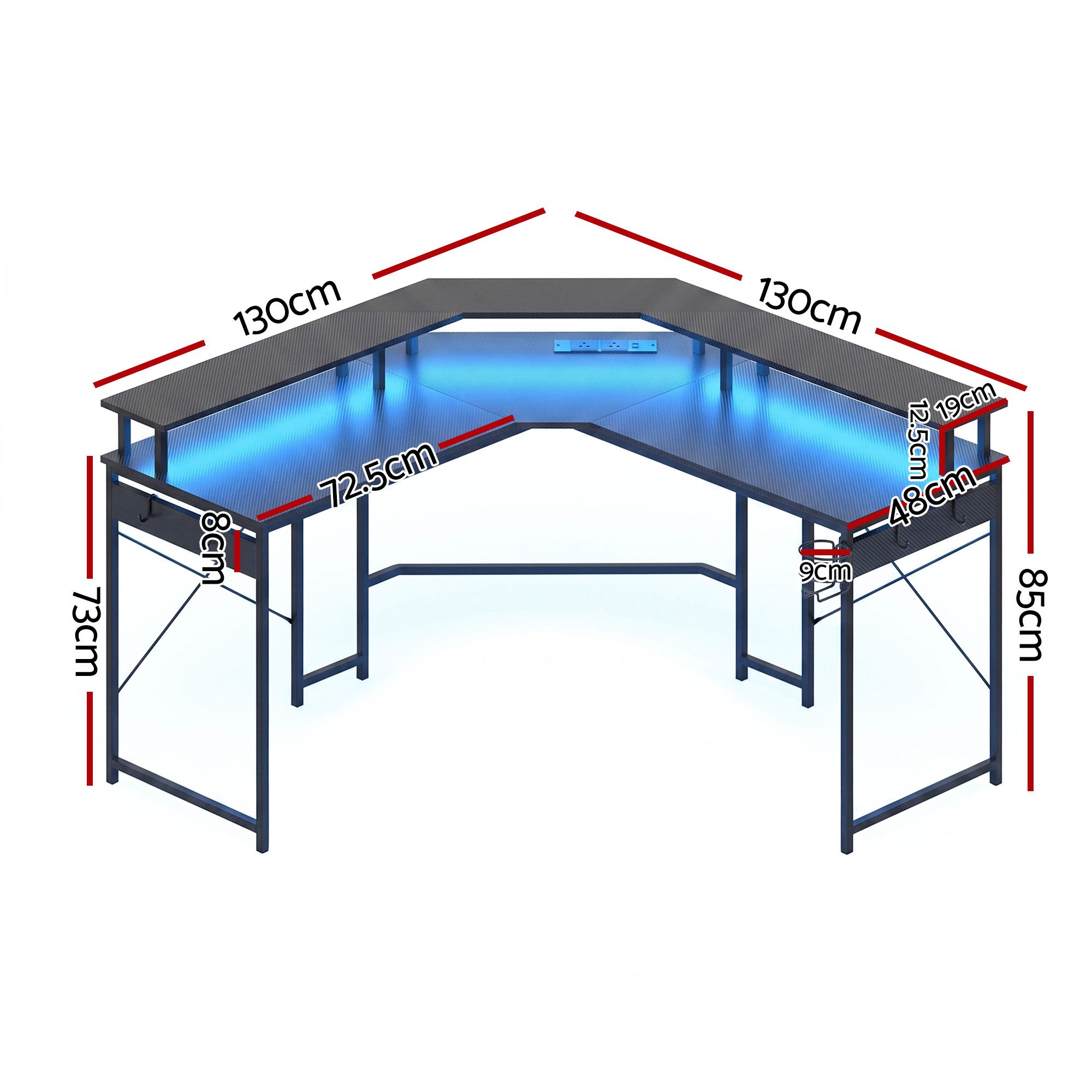Artiss L-Shape Gaming Desk Computer Desks RGB LED Power Outlet 130cm Black โ image 2