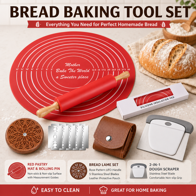 Red Bread Baking Tool Set with Silicone Dough Mat + Rolling Pin, 2-in-1 Stainless Steel Dough Scraper Cutter and UFO Bread Scoring Lame with 5 Blades