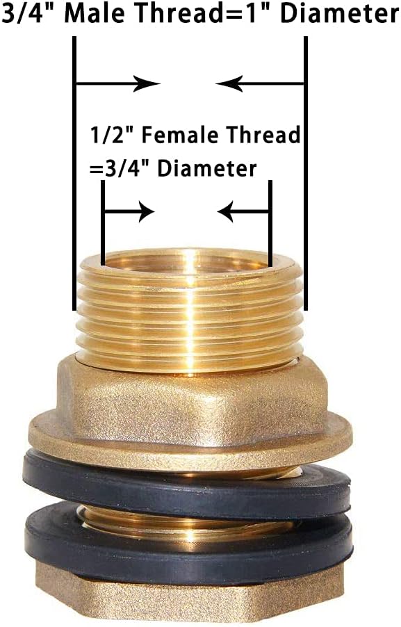 1/2" Female 3/4" Male Soild Brass Water Tank Connector Theaded Bulkhead Fitting With 2 Rubber Rings Stablizing โ image 2